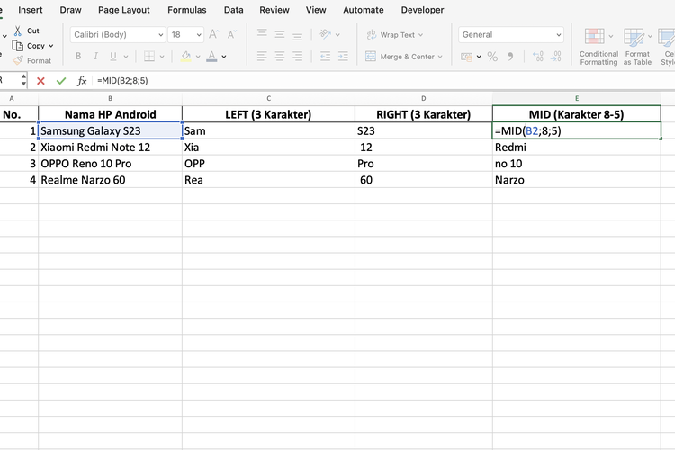 Ilustrasi rumus MID di Excel