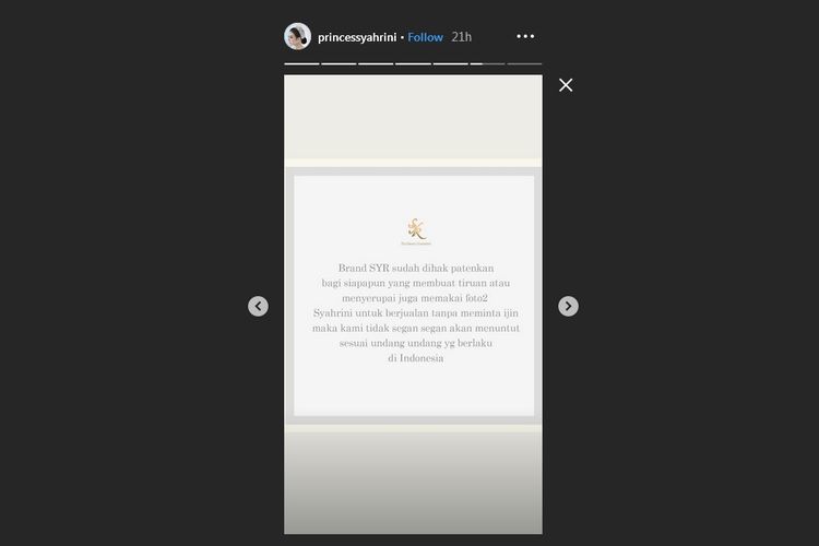 Postingan Syahrini di Instagram Story tentang peringatan mengenai hak paten nama SYR.