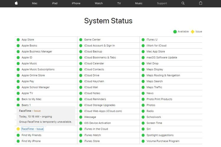 Ilustrasi status server Apple