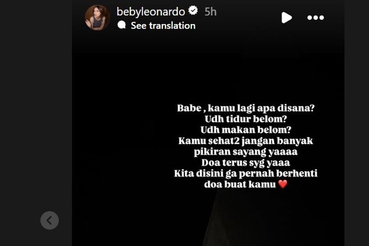Ungkapan kerinduan Beby kepada Onadio Leonardo, tangkapan layar Instagram story Beby, Senin (3/11/2025). 
