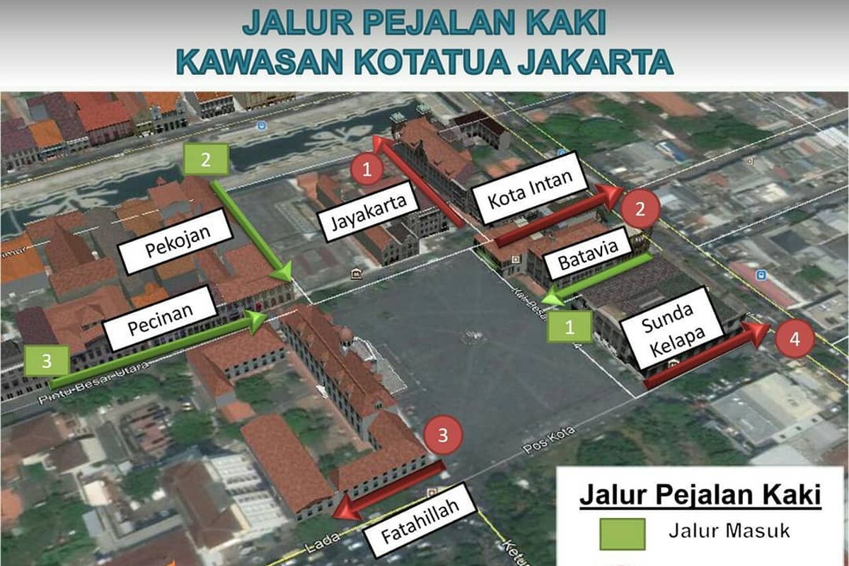 Alur Keluar Masuk Pejalan Kaki Taman Fatahillah yang Akan di Uji Coba Pada Senin (22/4/2019)