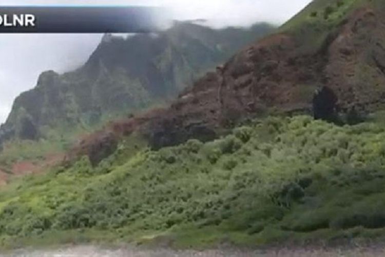Potongan gambar memperlihatkan lokasi jatuhnya helikopter yang mengangkut tujuh orang di kawasan Kauai, Hawaii, pada Kamis (26/12/2019). Otoritas setempat menyatakan, mereka telah menemukan enam jenazah.