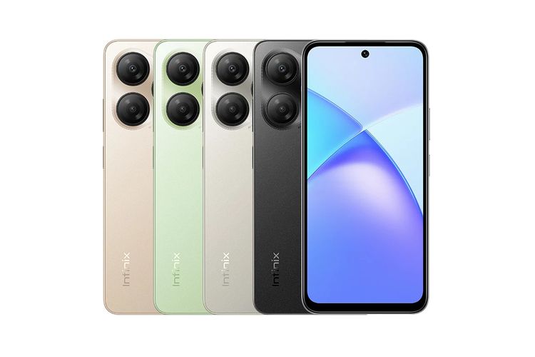 Tampilan layar depan Infinix Smart 10 HD yang hadir dengan empat opsi warna, yakni Timber Black, Shiny Gold, Crystal Green, dan Galaxy White