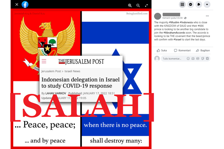 Tangkapan layar informasi keliru di sebuah akun Facebook, yang menyebut delegasi Indonesia berkunjung ke Israel untuk membahas penanganan Covid-19.