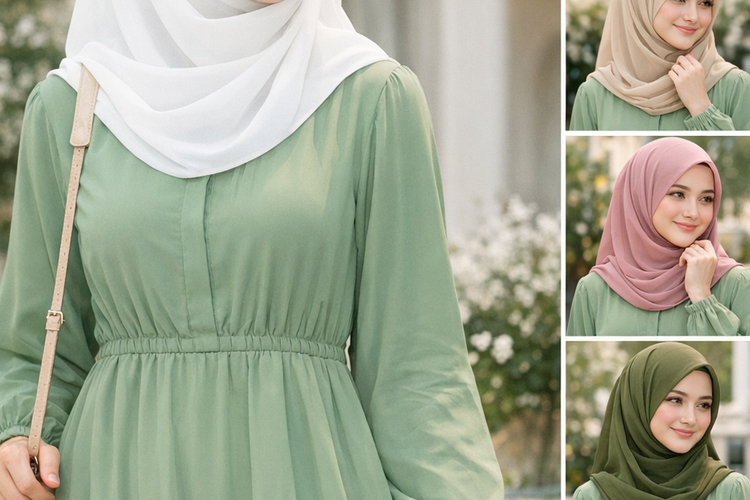 Mix & Match Gamis Sage Green Lembut Tenang dan Elegan.
