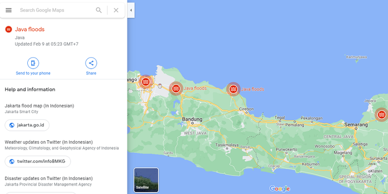 Tangakapan layar pantauan banjir di Pulau Jawa lewat Google Maps.