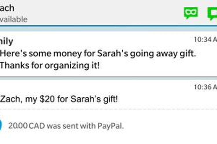 Fitur PayPal yang terintegrasi dengan BlackBerry Messengers.