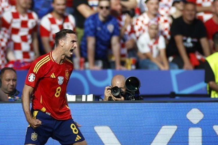 Ekspresi gelandang Spanyol, Fabian Ruiz, seusai timnya mencetak gol kedua dalam pertandingan Euro 2024 atau Piala Eropa 2024 melawan Kroasia di Olympiastadion, Berlin, pada 15 Juni 2024. 