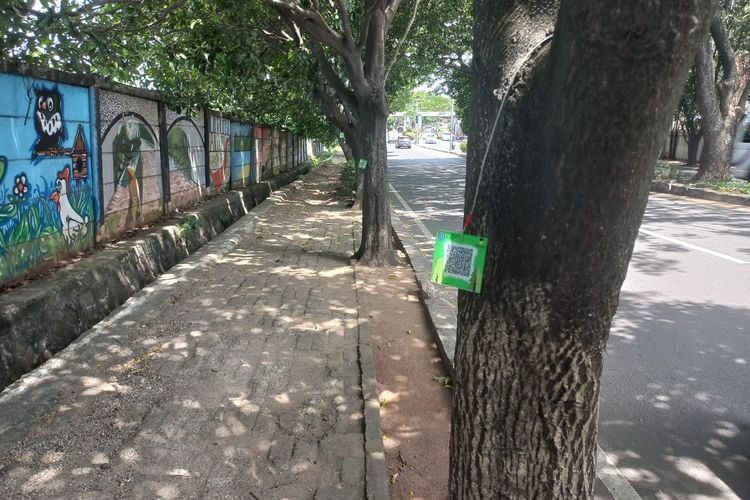 Sejumlah pohon di trotoar Jalan Ir Juanda, dipasang barcode oleh Dinas Lingkungan Hidup dan Kebersihan (DLHK) Kota Depok.