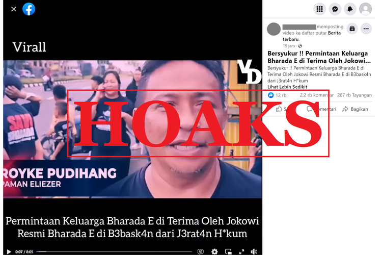 Tangkapan layar unggahan dengan narasi hoaks di sebuah akun Facebook, Minggu (22/1/2023), yang menyebut bahwa Jokowi menerima permintaan keluarga untuk membebaskan Bharada E. 