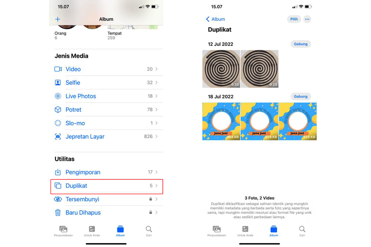 Ilustrasi fitur deteksi foto atau video duplikat di galeri iPhone iOS 16.
