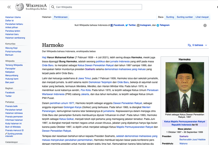 Tangkapan layar profil Harmoko di Wikipedia. Disebutkan nama Harmoko singkatan dari Haji Harun Mohamad Kohar