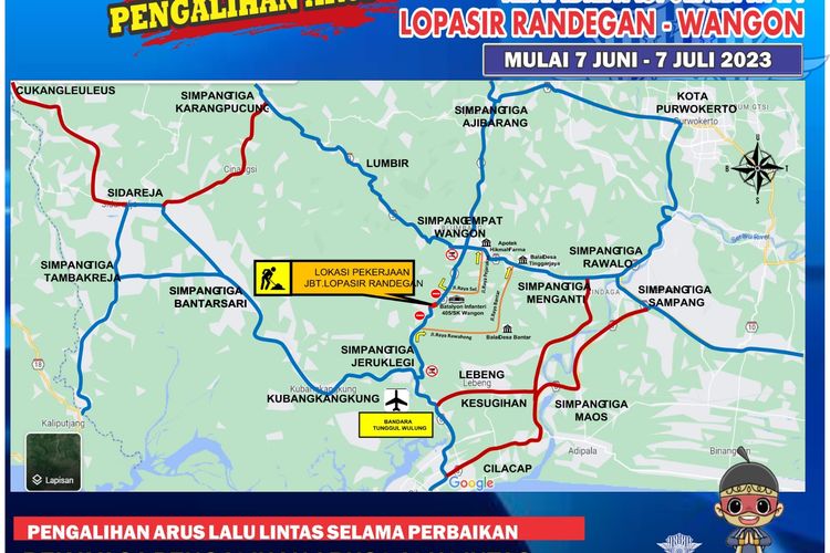 Denah pengalihan arus lalu lintas akibat penutupan ruas jalan Wangon-Cilacap, Jawa Tengah.