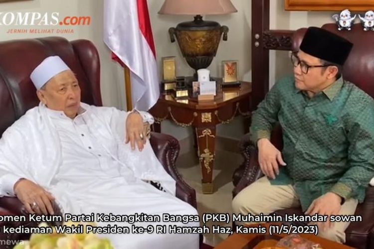 Ketua Umum Partai Kebangkitan Bangsa (PKB) Muhaimin Iskandar mengunjungi kediaman Wakil Presiden ke-9 RI Hamzah Haz di bilangan Matraman, Jakarta Timur, Kamis (11/5/2023). 
