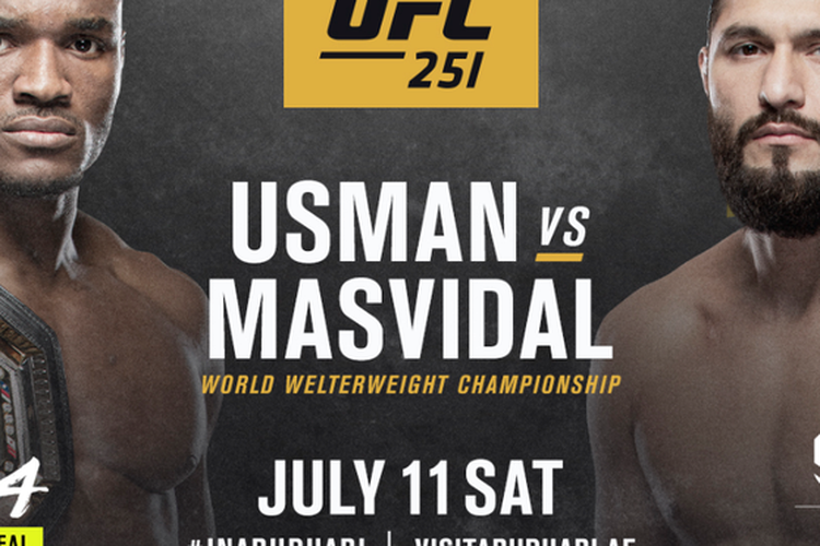 Poster pertarungan antara Kamaru Usman dan Jorge Masvidal di UFC 251. Duel perebutan gelar juara kelas welter UFC itu akan dilakukan di Yas Island, Abu Dhabi, Uni Emirat Arab, pada Sabtu (11/7/2020) (TWITTER.COM/UFC)