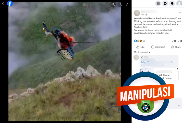 Tangkapan layar manipulasi foto di sebuah akun Facebook, Senin (20/5/2024), menampilkan helikopter yang ditumpangi Presiden Iran terbakar.