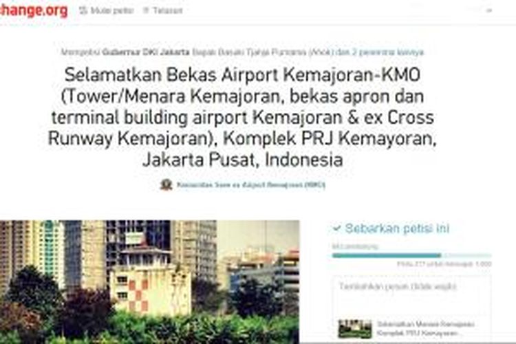 Petisi untuk menyelamatkan bekas bangunan menara bandara Kemajoran di situs Change.org.