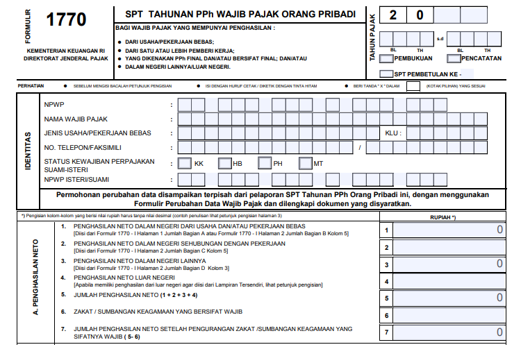 Jenis SPT Tahunan Wajib Pajak Orang Pribadi, formulir SPT 1770.