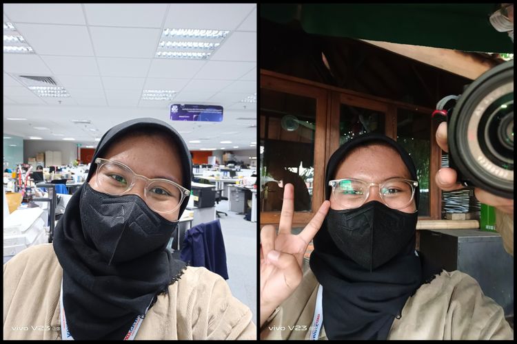 Hsil jepretan menggunakan kamera selfie 50 MP di dalam ruangan (kiri) dan di luar ruanganm (kanan).