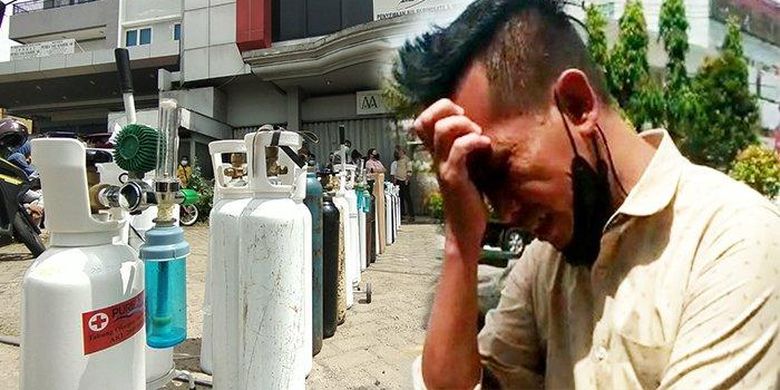 Shiri menangis saat mengantre oksigen, di Jalan Veteran, Kota Pontianak, Kalbar, Kamis 22 Juli 2021 siang WIB. Sang bunda yang membutuhkan oksigen meninggal dunia saat Shiri mengantre. 
