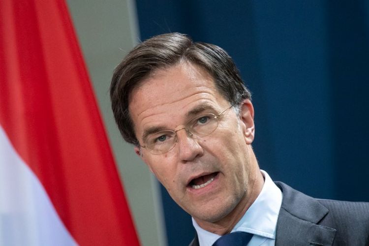 PM Belanda Mark Rutte saat berbicara di konferensi pers bersama Kanselir Jerman, di Chanchellery, Berlin, 9 Juli 2020.