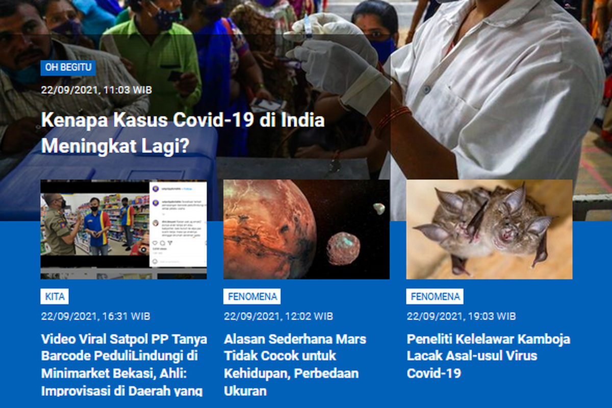Tangkapan layar berita populer Sains sepanjang Rabu (22/9/2021) hingga Kamis (23/9/2021) pagi. Kasus Covid-19 di India yang meningkat lagi, Satpol PP yang viral tanyakan barcode PeduliLindungi di Minimarket, hinga Mars yang tak layak huni.