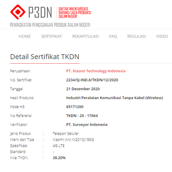 Ponsel Xiaomi dengan kode nomer M2010J19SG terdaftar di laman resmi TKDN.