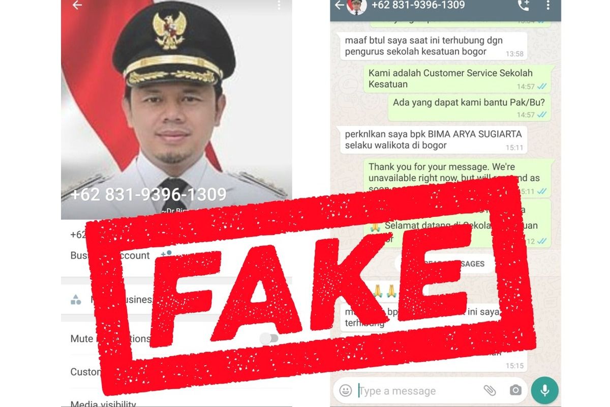 Whatsapp palsu yang mengatasnamakan Wali Kota Bogor Bima Arya Sugiarto.
