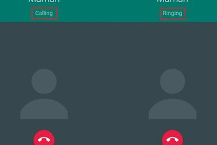 Tampilan status memanggil dan berdering di WhatsApp saat telepon.