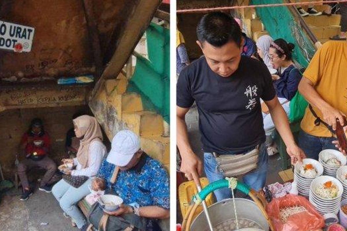 Kolase foto pembeli dan penjual bakso jedot Tanah Abang. 