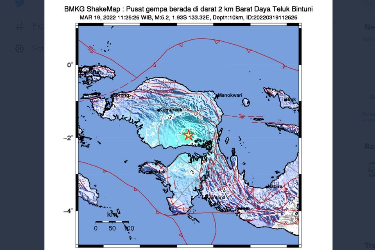 Tangkapan layar akun Twitter @infoBMKG, Gempa Terkini di Teluk Bintuni, Papua Barat. Gempa bumi tektonik ini berkekuatan M 5,2 dan berpusat di kedalaman 12 km.