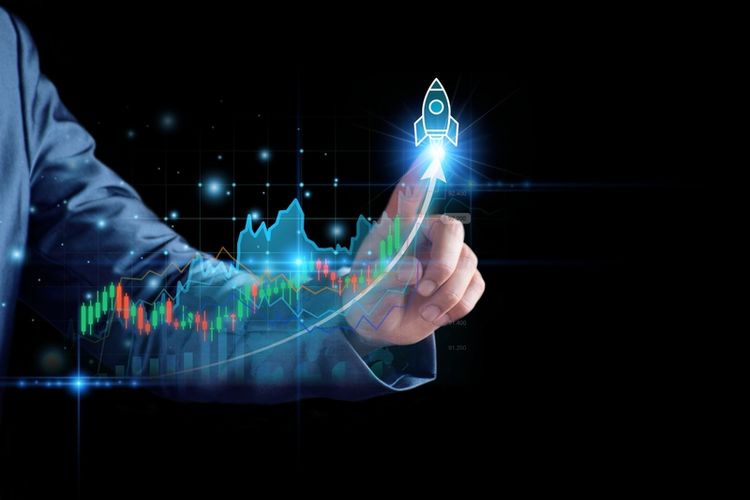 Ilustrasi bisnis pengusaha meroket. 