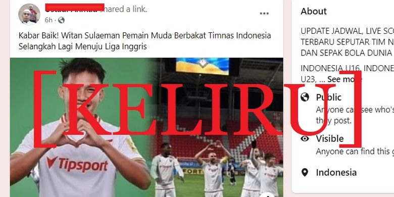 Tangkapan layar akun Facebook yang mengeklaim bahwa Witan Sulaeman akan bergabung ke klub liga Inggris