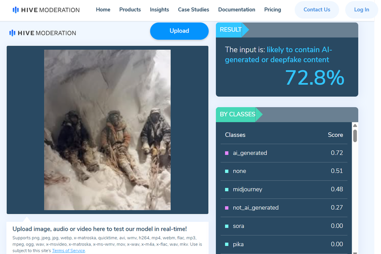 Tangkapan layar Hive Moderation menunjukkan, gambar tiga orang terjebak di gunung salju memiliki probabilitas 72,8 persen dihasilkan AI.