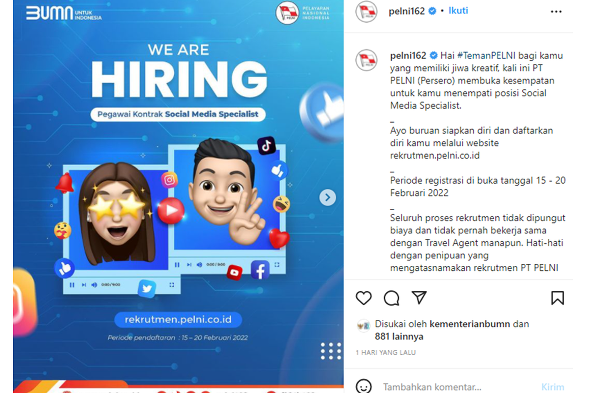Tangkapan layar unggahan akun Instagram BUMN PT Pelni (Persero) berisi lowongan sebagai pegawai kontrak Social Media Specialist.