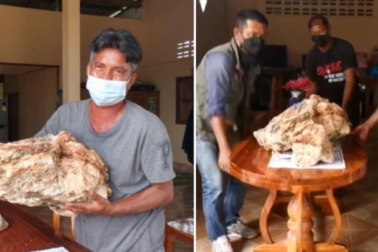 Narong Phetcharaj, seorang nelayan di Thailand yang berpose dengan benda diduga muntahan paus yang ditemukannya. Muntahan paus milik Narong mempunyai berat 30 kg, dan diduga bernilai hingga Rp 17,8 miliar.