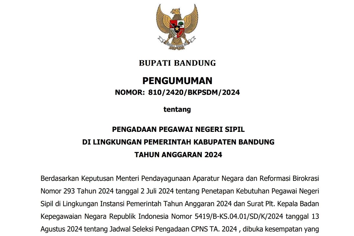 Pengumuman seleksi dan formasi CPNS 2024 di lingkungan Pemerintah Kabupaten Bandung.