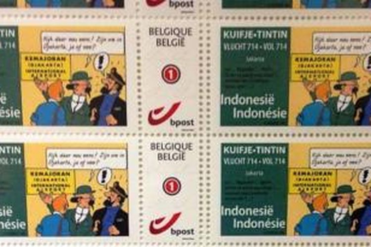 Prangko Tintin yang bertem Indonesia.