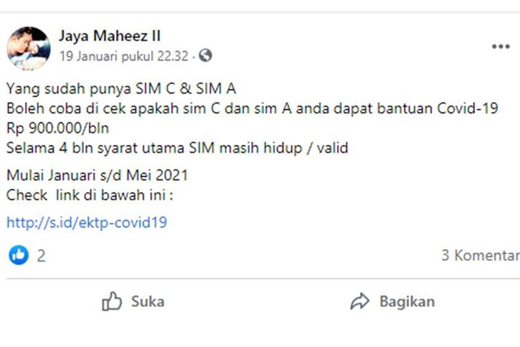 Tangkapan layar unggahan hoaks dengan narasi pemilik Surat Izin Mengemudi (SIM) C dan A akan mendapat bantuan Covid-19 sebesar Rp 900.000 dari Januari hingga Mei 2021.