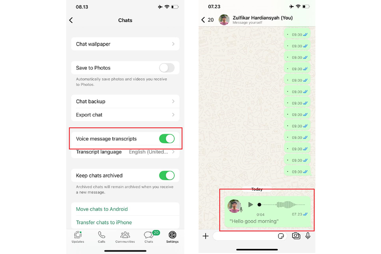 Menu Voice Message Transcripts atau Transkrip pesan suara di WhatsApp. Hasil transkrip muncul di bawah VN WhatsApp.