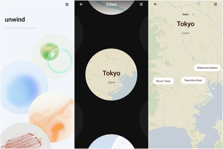 Aplikasi O Relax menampilkan menu game unwind dan explore untuk mendengarkan suara kesibukan di kota-kota besar.