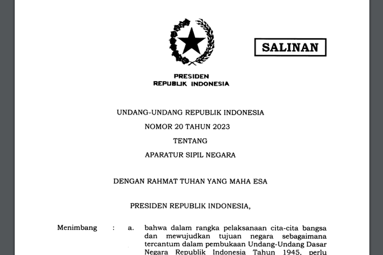 Undang-Undang Nomor 20 Tahun 2023 tentang Aparatur Sipil Negara alias UU ASN 2023. UU ASN terbaru mengatur penghapusan tenaga honorer dan jaminan pensiun PPPK.