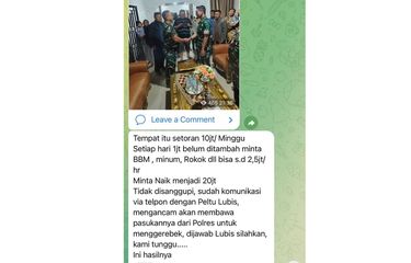 Foto chat Telegram bernarasi polisi di Lampung menerima setoran uang judi ayam dari oknum TNI. Isu ini beredar setelah tiga polisi gugur ketika melakukan penggerebekan sabung ayam di Lampung, Senin (17/3/2025).