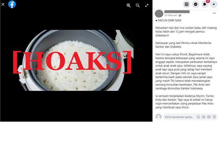 Tangkapan layar unggahan hoaks di sebuah akun Facebook, mengenai nasi yang dipanaskan lebih dari 12 jam memicu diabetes.