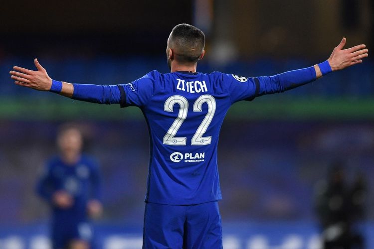 Hakim Ziyech melakukan selebrasi usai mencetak gol dalam pertandingan Chelsea vs Atletico Madrid pada leg kedua 16 besar Liga Champions 2020-2021 di Stadion Stamford Bridge, Kamis (18/3/2021) dini hari WIB. 