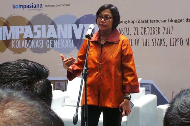 Menteri Keuangan Sri Mulyani saat berada di Kompasianival 2017, di Lippo Mall Kemang, Jakarta Selatan, Sabtu (21/10/2017).