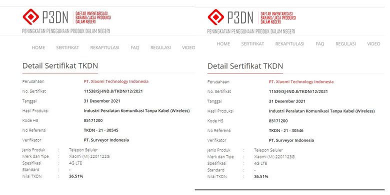 Tangkapan layar laman sertifikasi Xiaomi 12 dan Xiaomi 12 Pro di situs TKDN Kementerian Perindustrian.