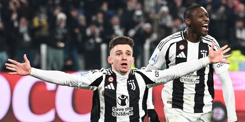 Francisco Conceicao merayakan gol bagi Juventus. Hasil Juventus vs Inter Milan ini merupakan laga lanjutan Liga Italia 2024-2025 yang bergulir di markas Juve, Stadion Allianz Turin, Minggu (16/2/2025) waktu setempat atau Senin dini hari WIB.