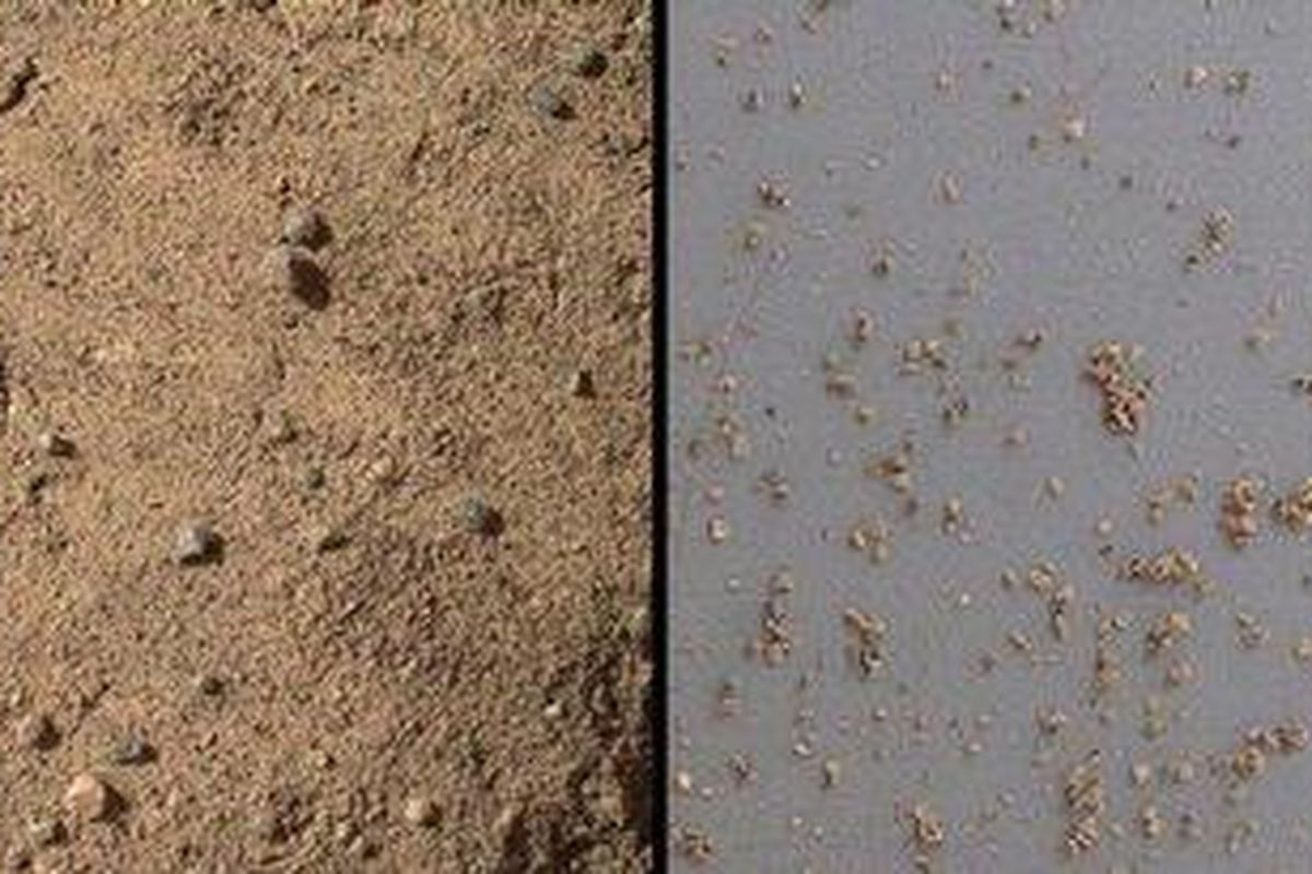 Citra close up debu di wilayah Rocknest, Mars, diambil oleh wahana Mars Hand Lens Imager (MAHLI), instrumen pada robot Curiosity. 