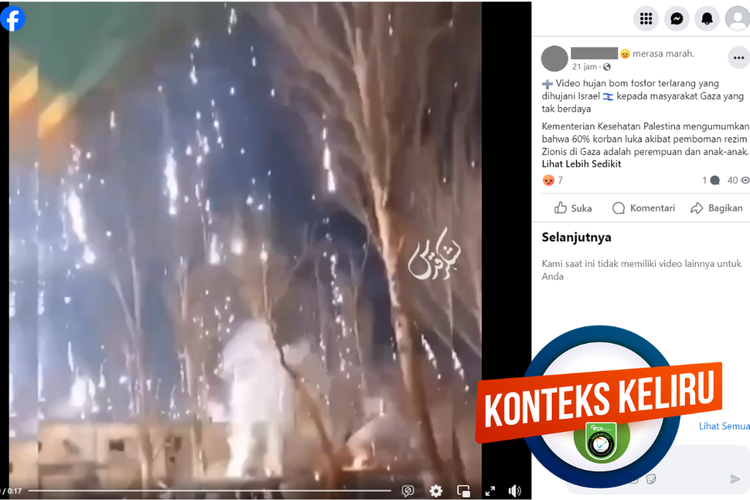 Tangkapan layar unggahan dengan konteks keliru di sebuah akun Facebook, Rabu (11/10/2023), soal hujan bom fosfor di Gaza.
